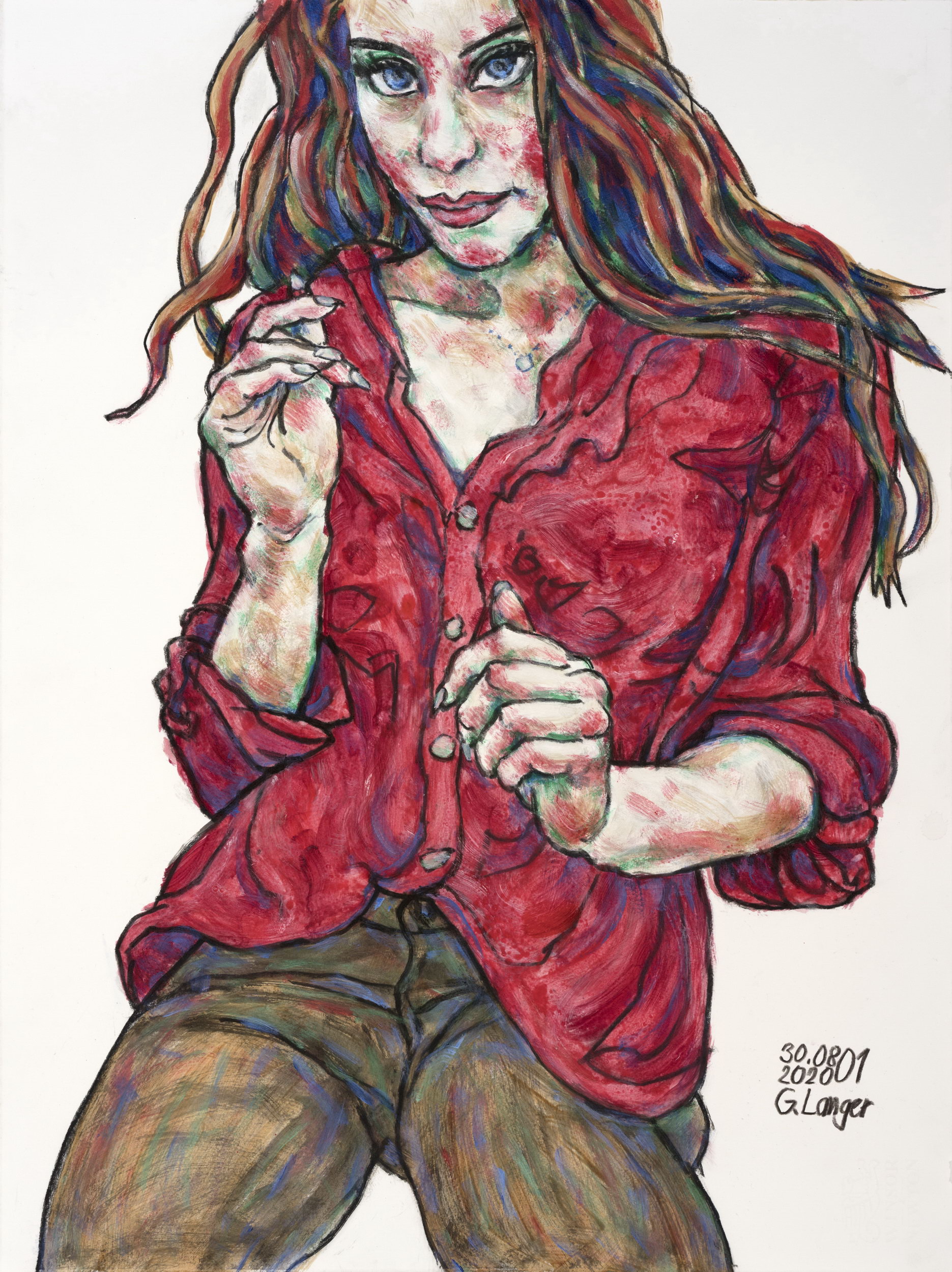 Gunter Langer, Malerei einer junge Frau in roter Bluse, Symbole senden, 2020, Acryl Malerei, Büttenpapier, 76 x 56 cm